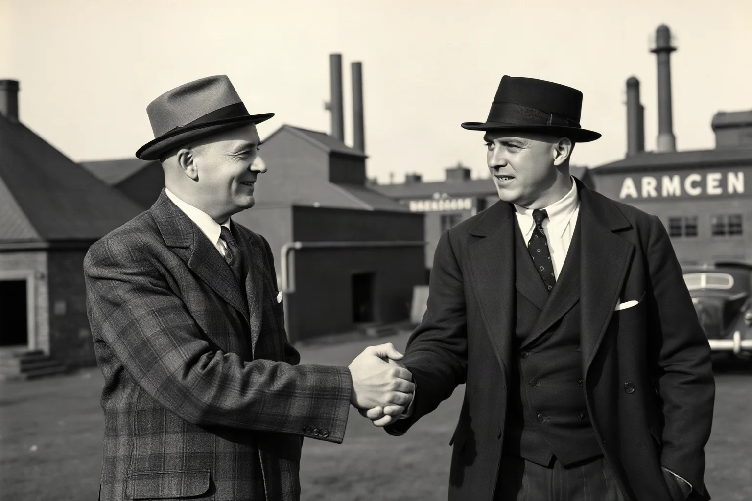 Two German men in 1920s business attire shaking hands then breaking apart, with factory buildings labeled with different brand names in background