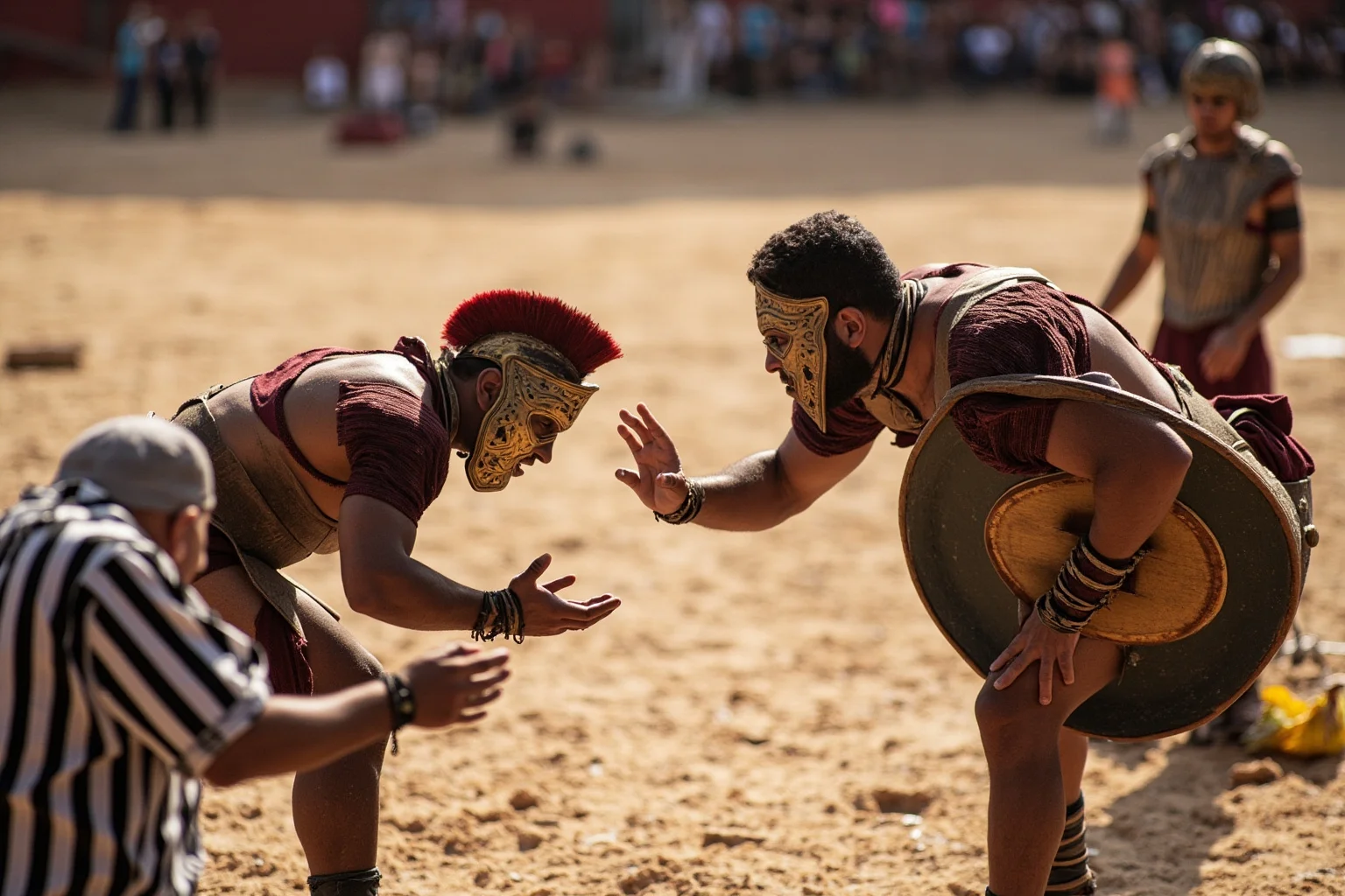 Two gladiators facing each other in an arena with a referee gesturing between them
