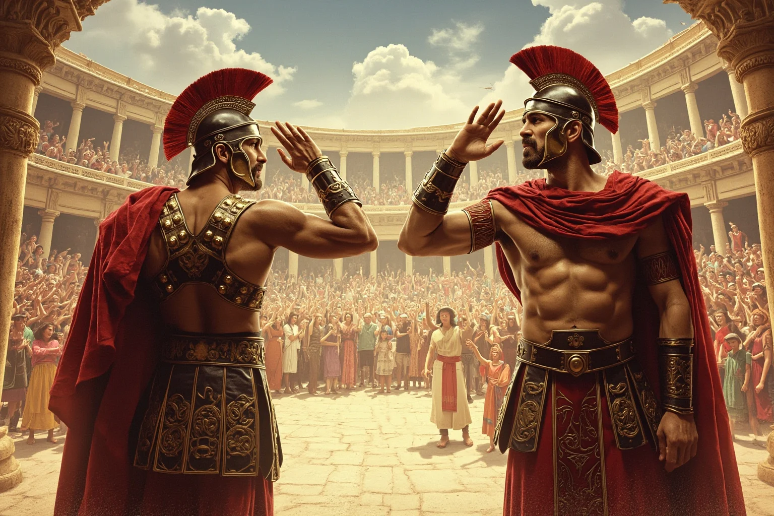 Two gladiators saluting each other in an arena before a cheering crowd, illustrated historical style