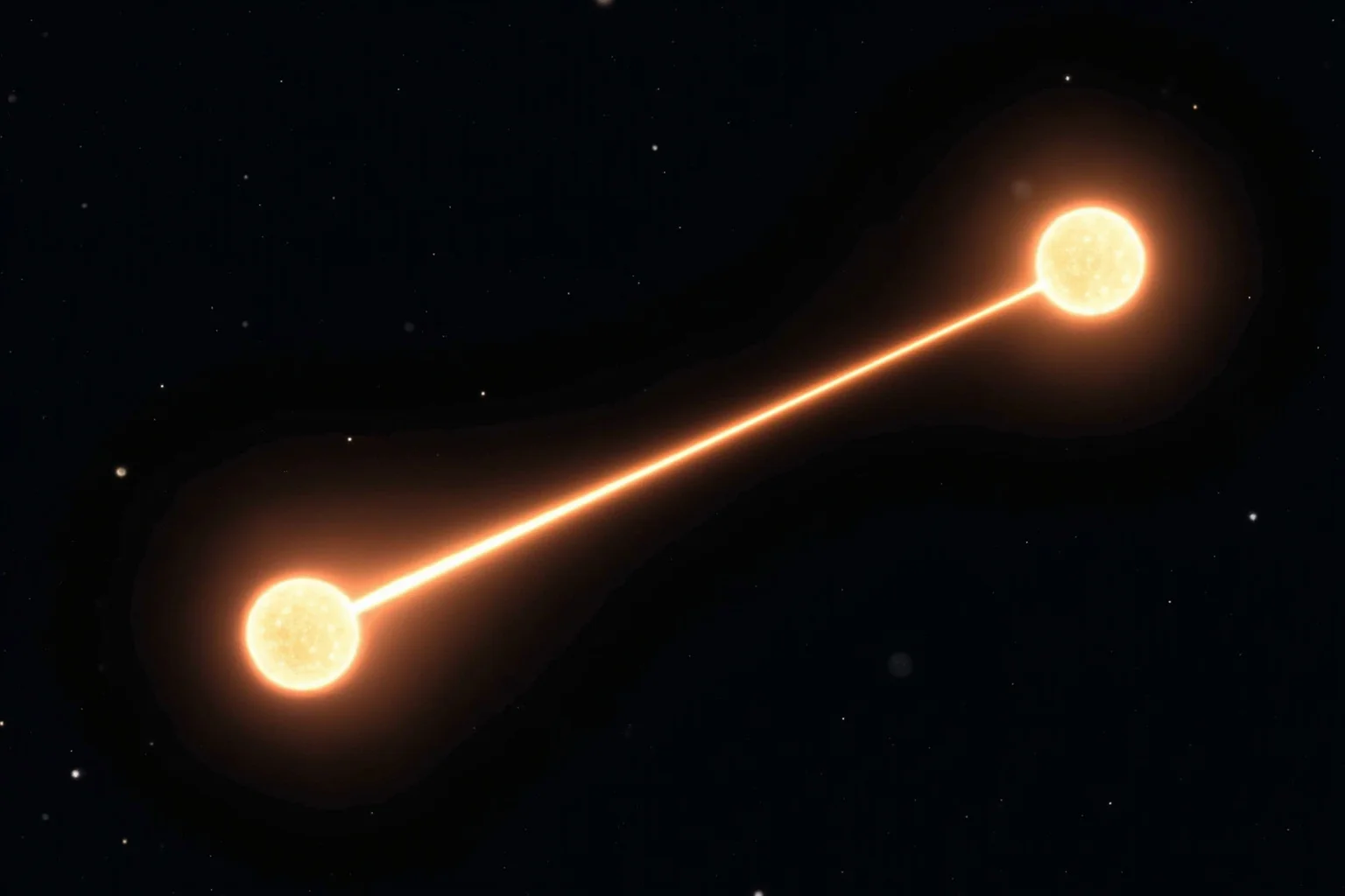 Two glowing entangled particle orbs connected by a faint line stretching across a starry void