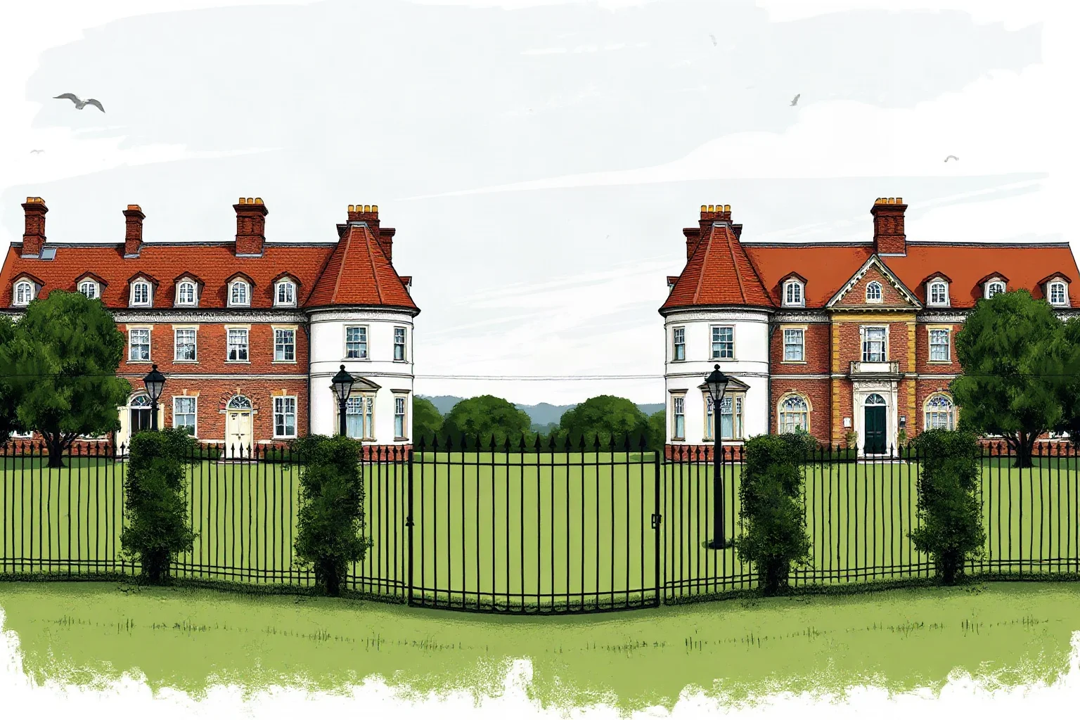 Two grand old houses facing each other across a symbolic divide, representing a political family feud, illustrative style