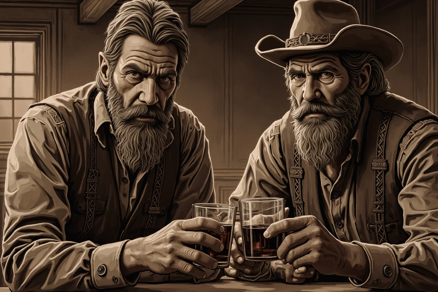 Hilarious Slang Terms From The Wild West 13 Two grizzled prospectors clinking small glasses of dark whiskey at a rustic saloon bar, sepia-toned illustration