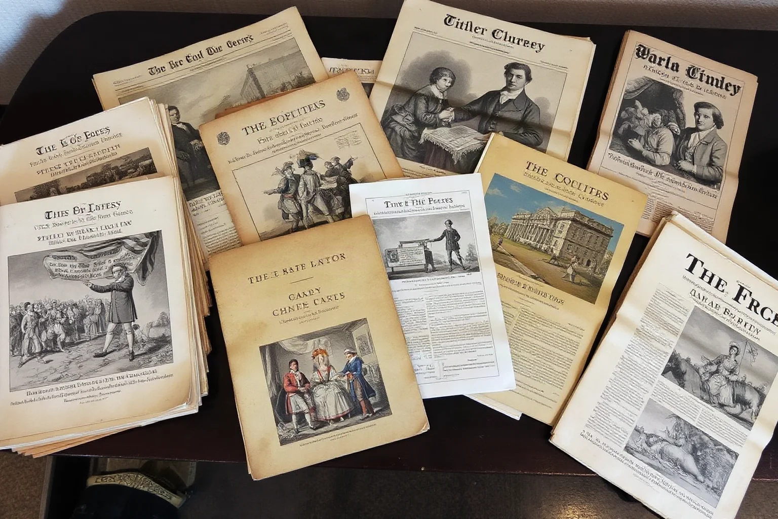 Two groups of illustrated 18th-century political pamphlets and newspapers scattered on a table, representing rival parties