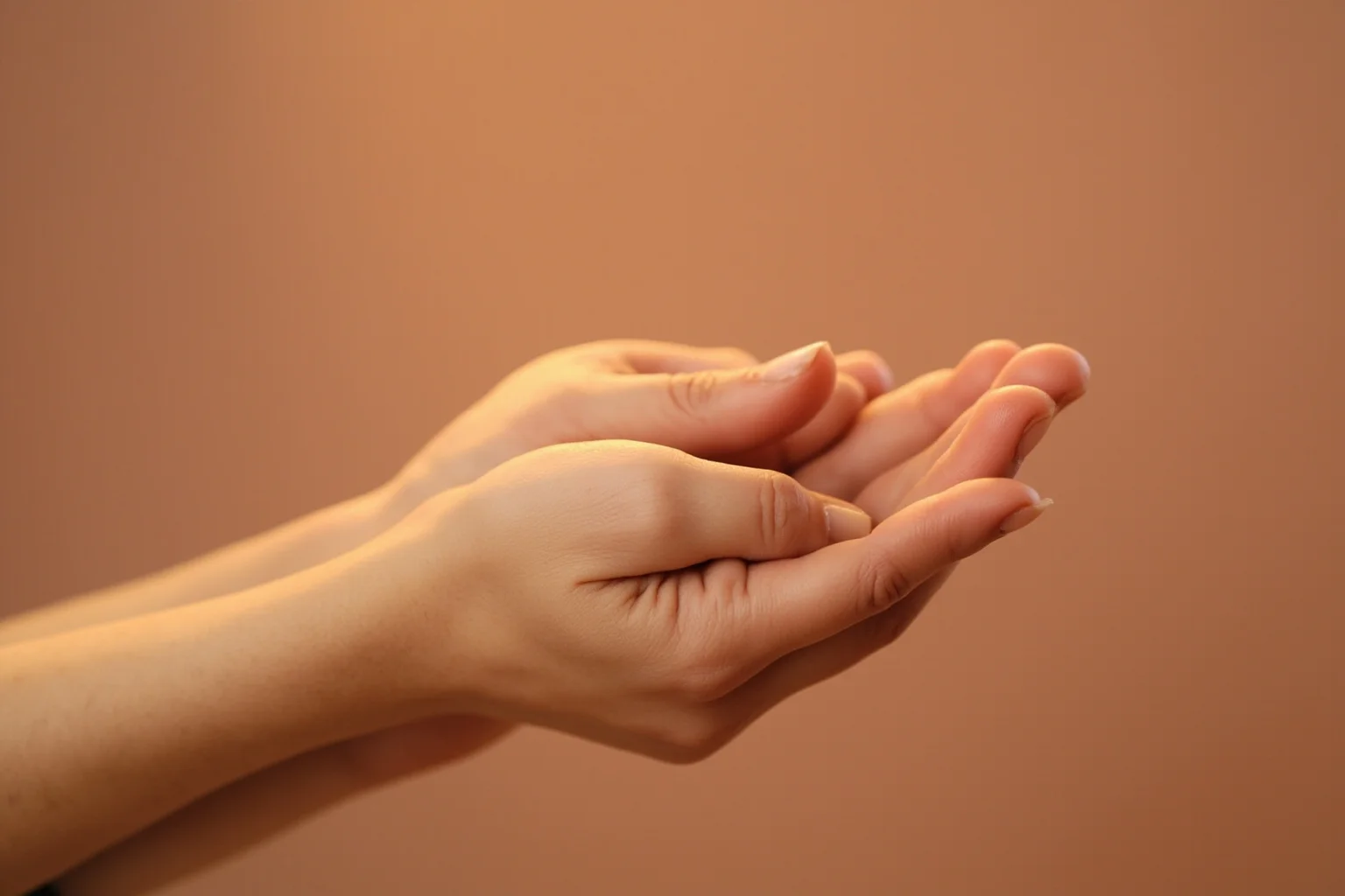 Two hands with fingers crossed against a soft warm background