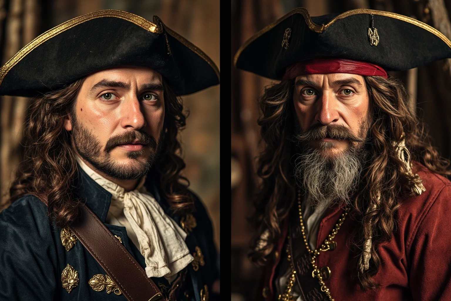 Two historical maritime figures from different centuries: a 17th century privateer in formal colonial attire on one side, and an 18th century pirate captain in crimson damask on the other