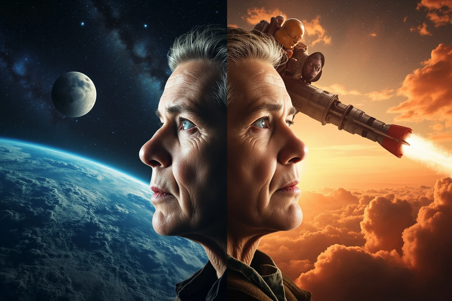 Two identical figures, one aging normally on Earth, one youthful stepping off a rocket ship, split composition