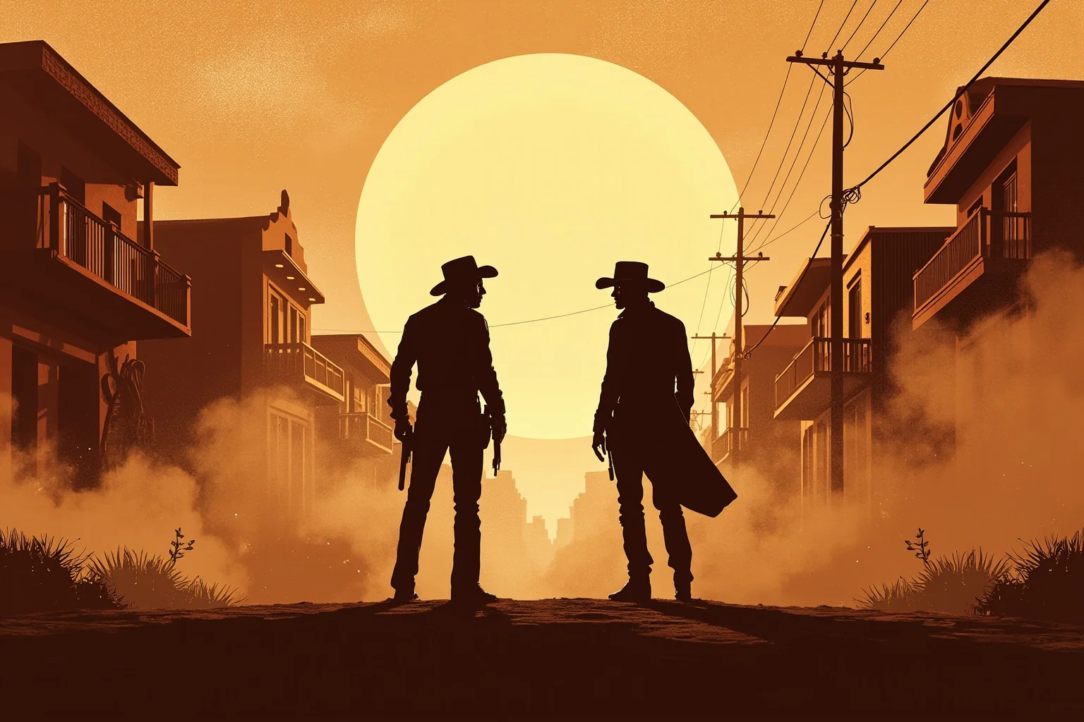 Two illustrated cowboy silhouettes facing each other on a dusty street, deliberately styled to look like an exaggerated movie poster