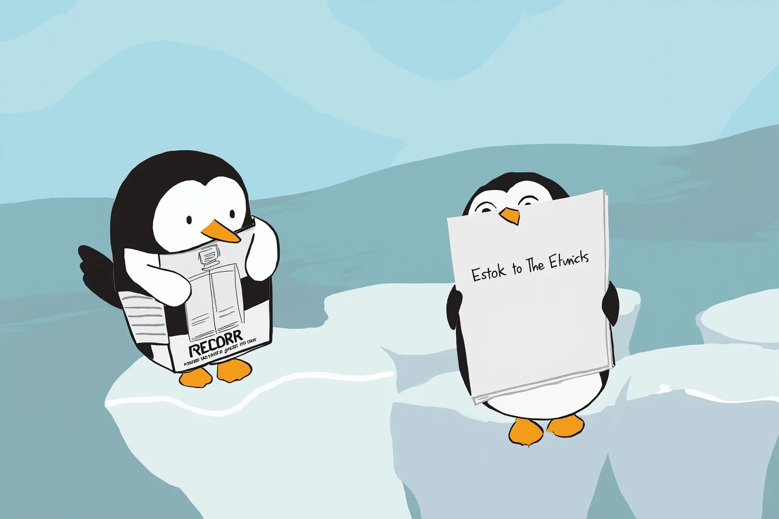 Two illustrated penguins standing beside a children's picture book on an icy ledge