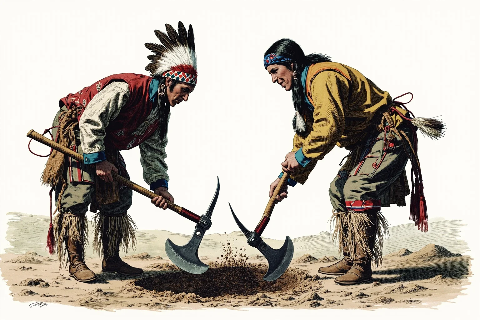 Two Indigenous North American leaders ceremonially burying a hatchet in the ground as a peace symbol, respectful historical illustration