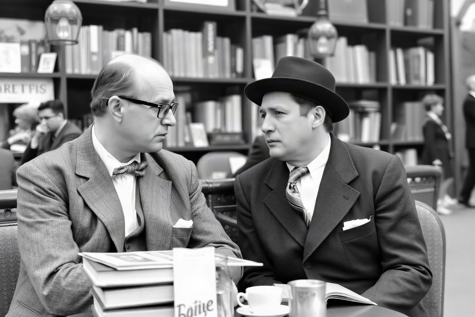Two intellectuals in 1950s Parisian café attire deep in conversation over coffee and books