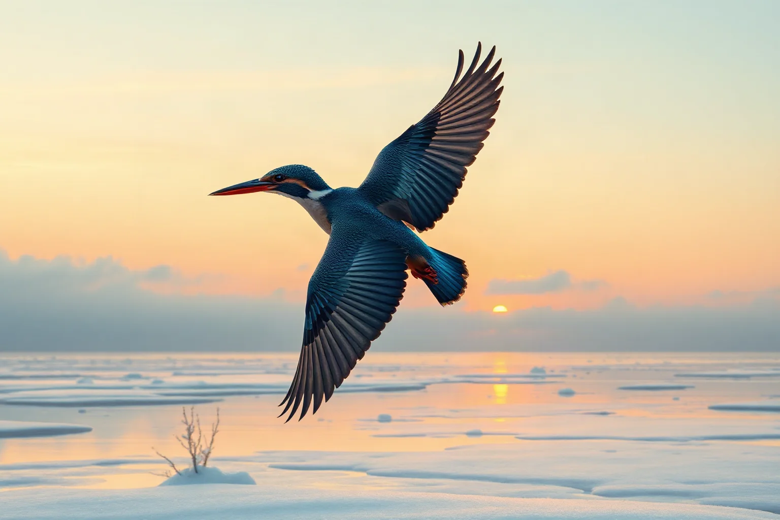 Two kingfisher birds flying together over calm winter seas at dawn, serene symbolic illustration style