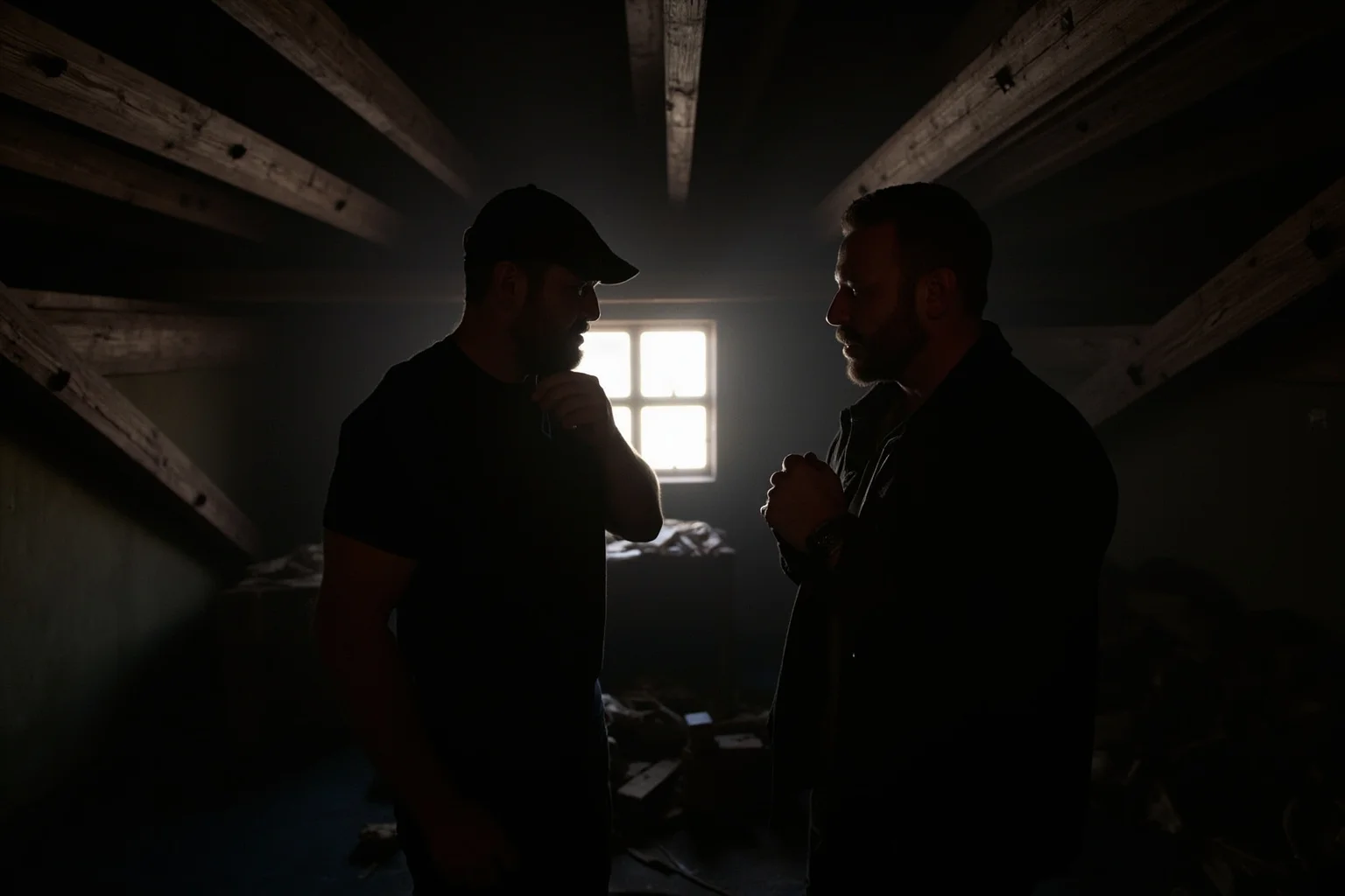 Strange History: Why Lighthouse Keepers Went Mad (Or Did They?) 12 Two lighthouse keepers in a tense standoff inside a cramped lighthouse living quarters, dramatic shadowed lighting