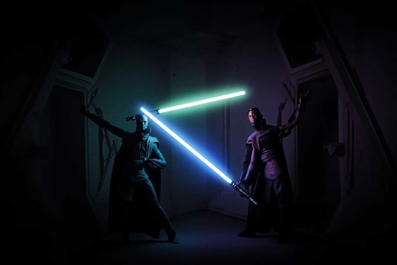 26 of History's Most Famous Rivalries 25 Two lightsaber-style glowing blades clashing in a dark sci-fi corridor, generic figures