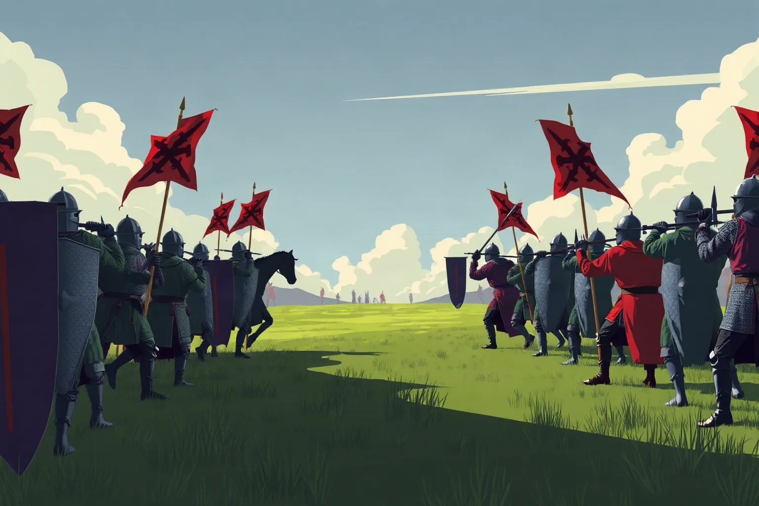 Two medieval armies facing each other across a green field with banners, stylized historical battle illustration