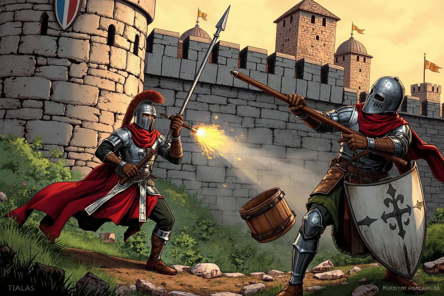Two medieval Italian armies clashing outside stone city walls, one soldier holding a wooden bucket, illustration