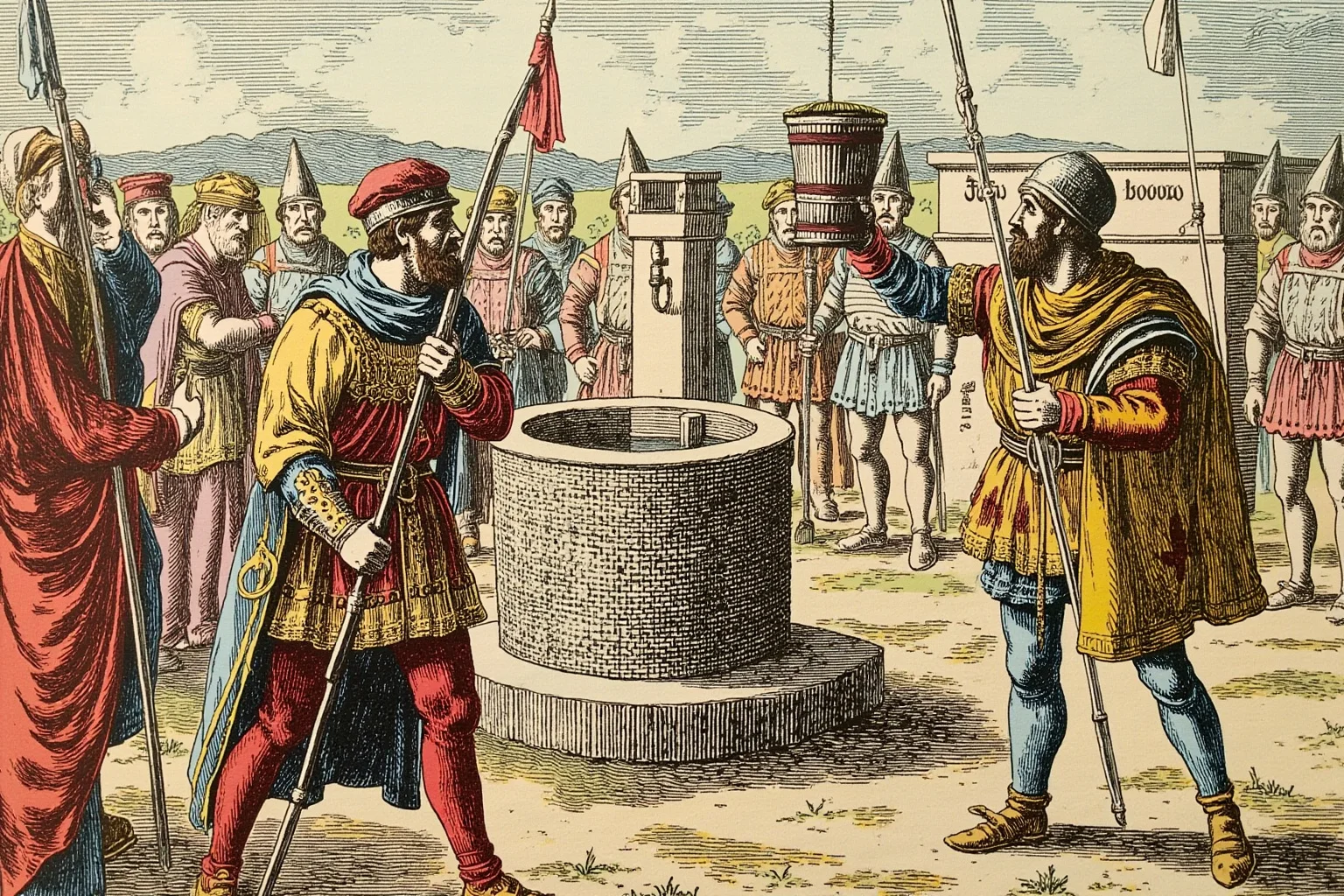 22 Lesser-Known Historical Events That No One Talks About 3 Two medieval Italian city-state armies facing off near a well, one soldier holding a wooden bucket as a trophy, illustrated style