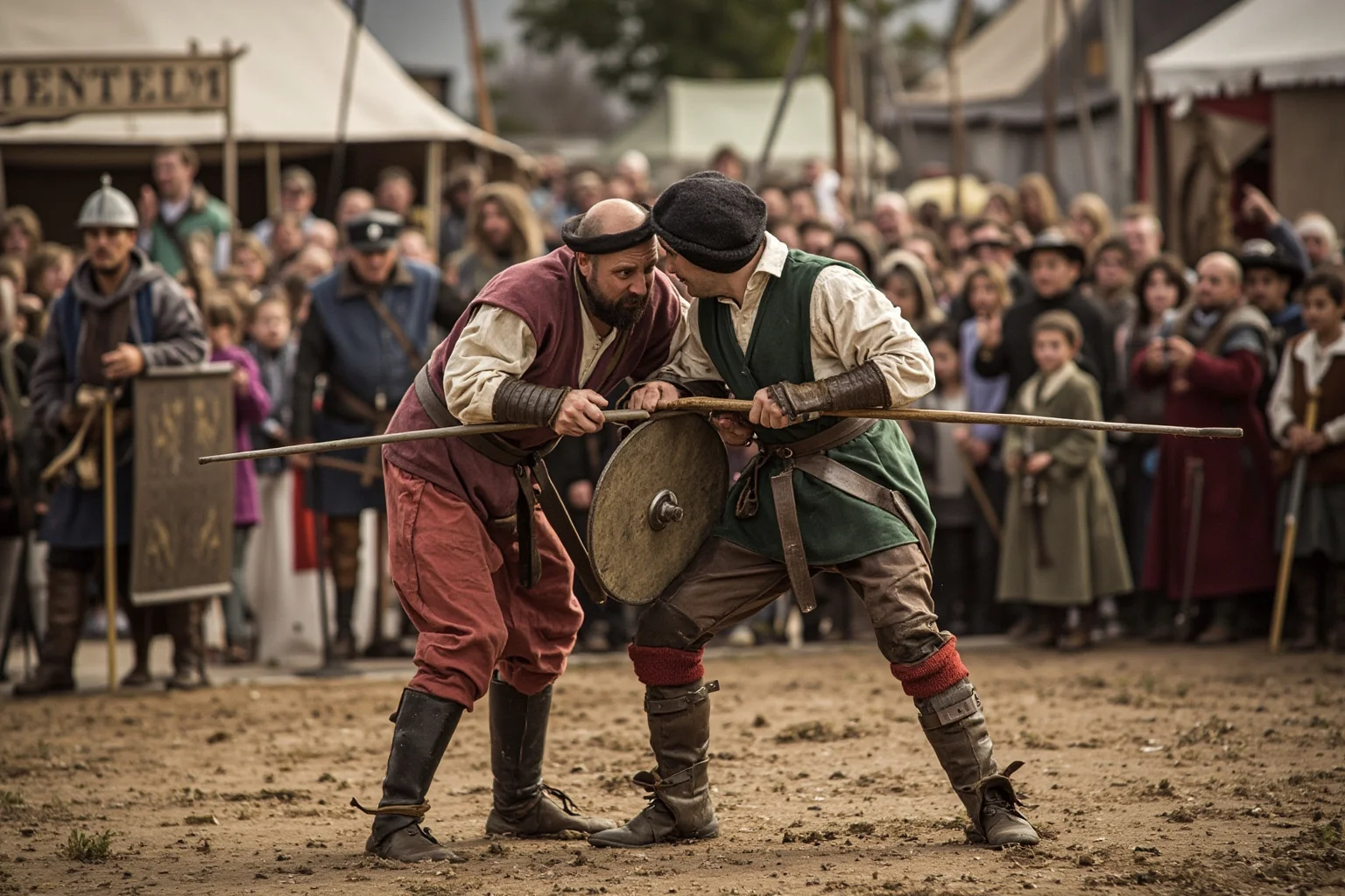 Two medieval men wrestling in front of a crowd at an outdoor village fair