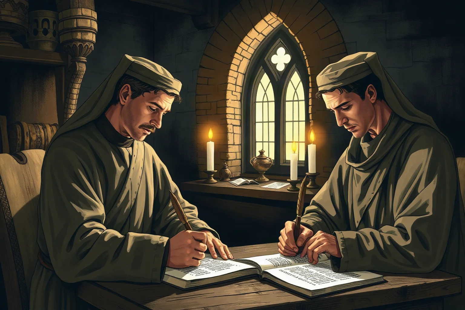 Two medieval monks writing by candlelight in a scriptorium, quills and parchment, historical illustration style