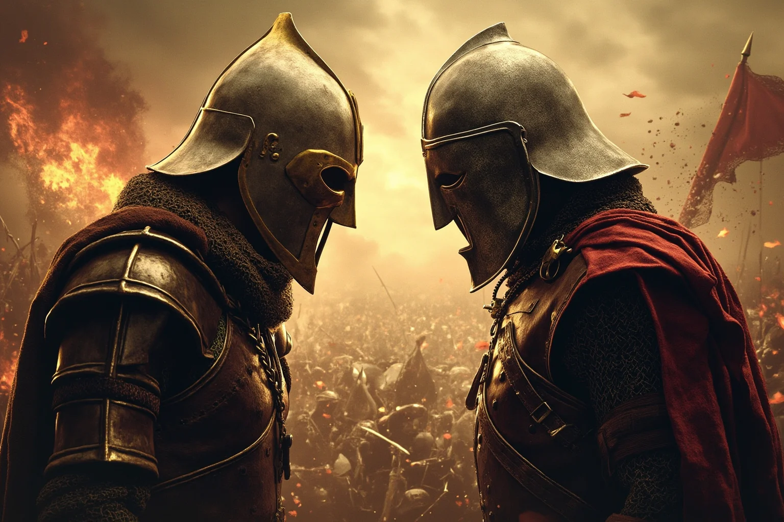 The Real Braveheart: The Story of How Robert the Bruce Freed Scotland 12 Two medieval warriors facing each other tensely on a battlefield, symbolizing a rumored betrayal