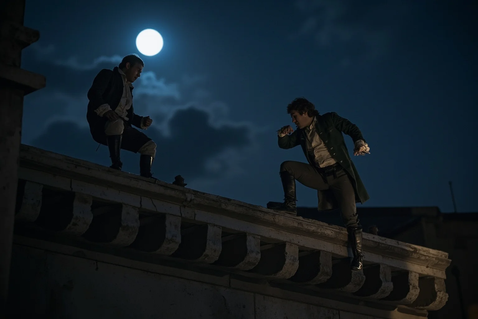 The Most Daring Prison Escapes in History 5 Two men in 18th-century clothing climbing across a moonlit Venetian rooftop