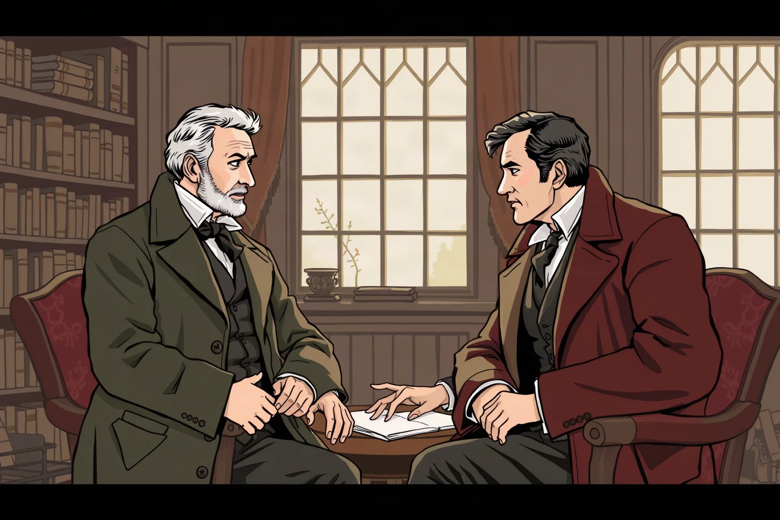 Two men in coats having a quiet serious conversation in a book-lined study, historical illustration