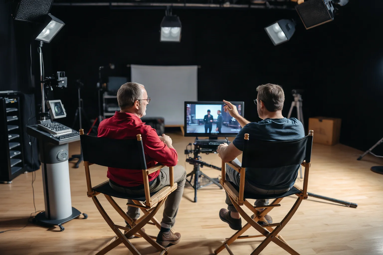 Two men sitting in director's chairs on a film set, reviewing footage on a monitor together, modern era