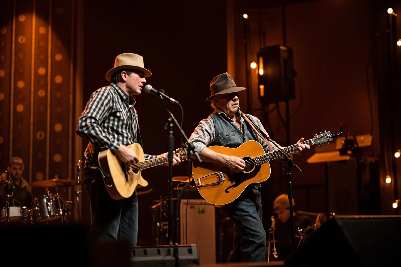 The 22 Greatest Love Stories in History 12 Two mid-century country musicians performing together on a small stage with guitars, warm stage lighting, retro Americana style