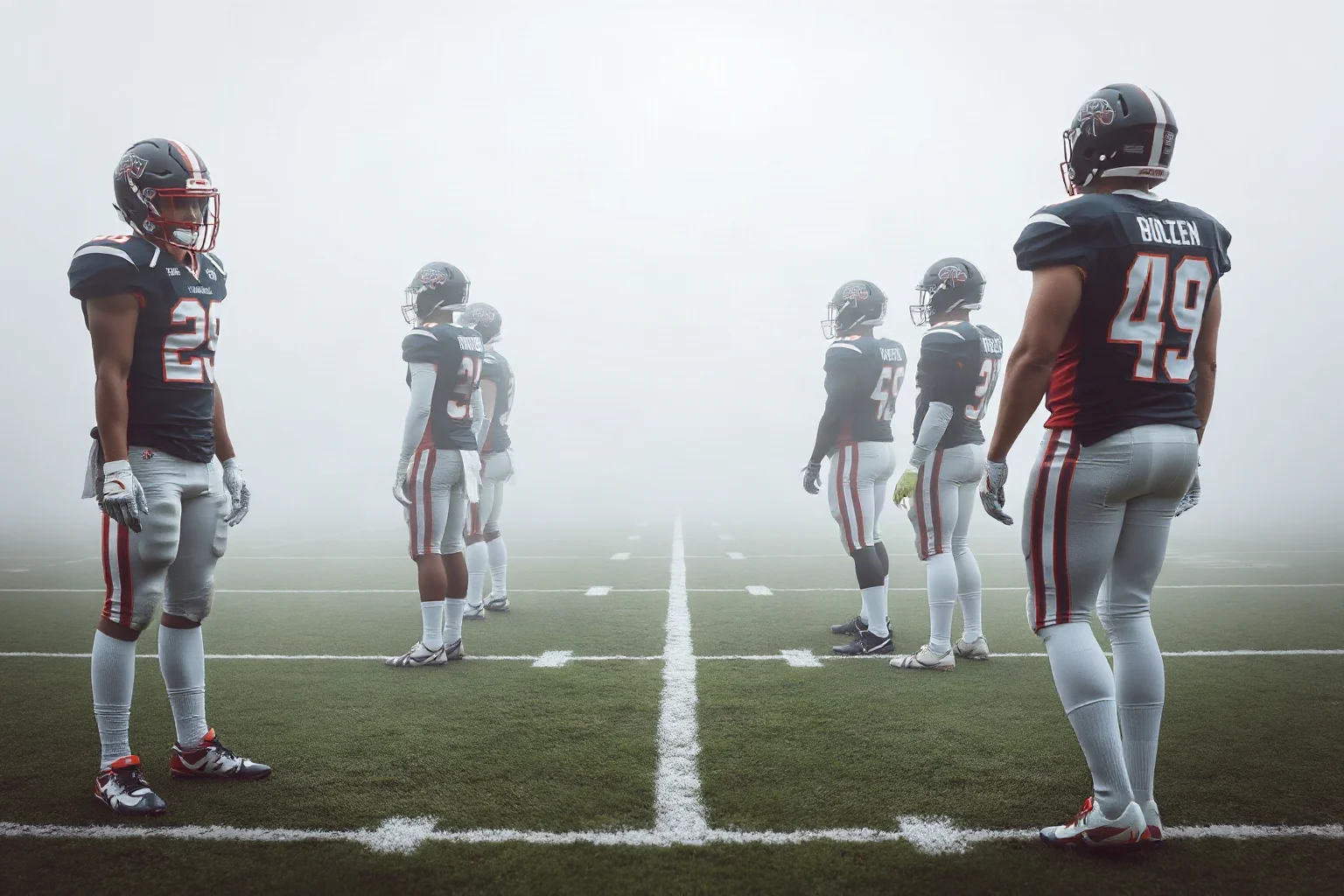 Two military academy football teams lining up on a foggy field, illustrative, respectful tone