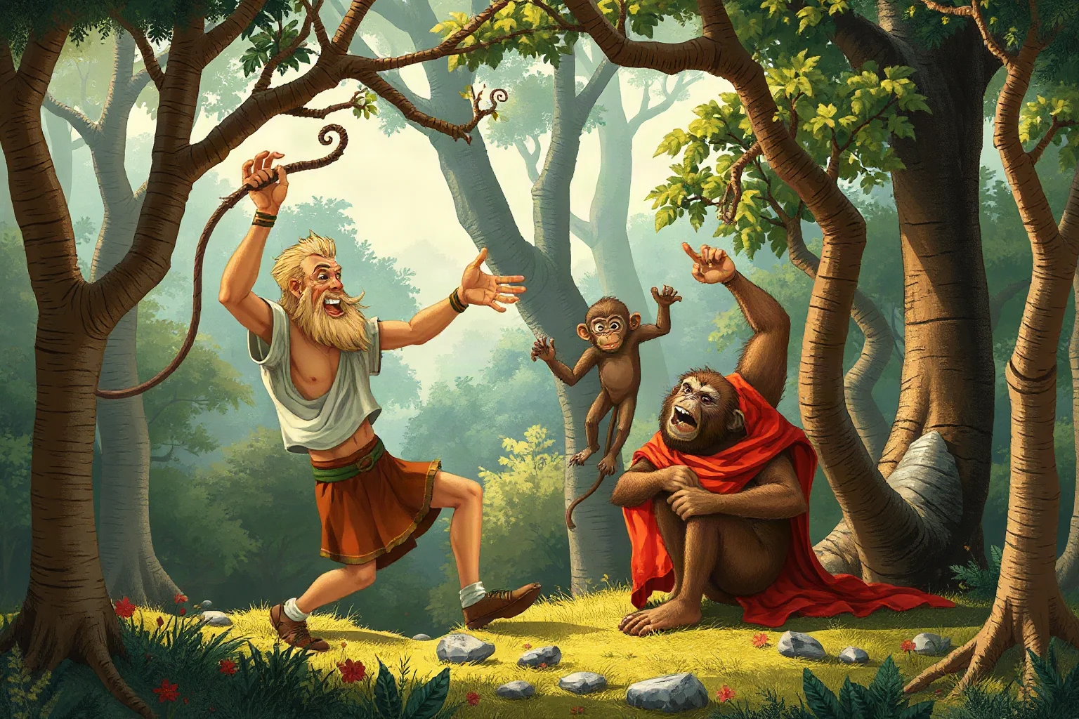 Two mischievous ancient men mid-transformation into monkeys in a forest clearing, whimsical classical illustration style