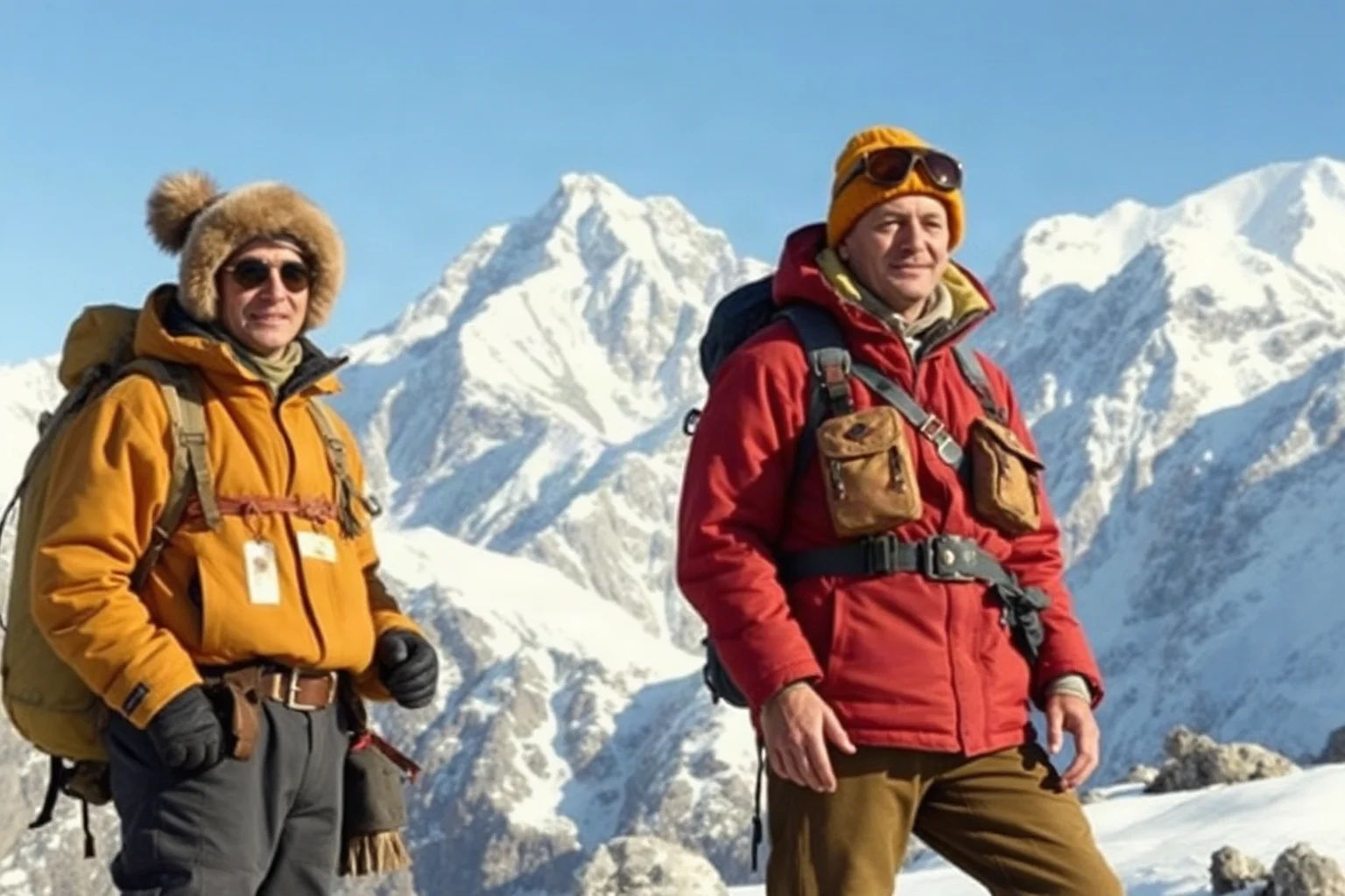 Two mountaineers in vintage gear standing near a snowy Himalayan summit, illustrated historical style