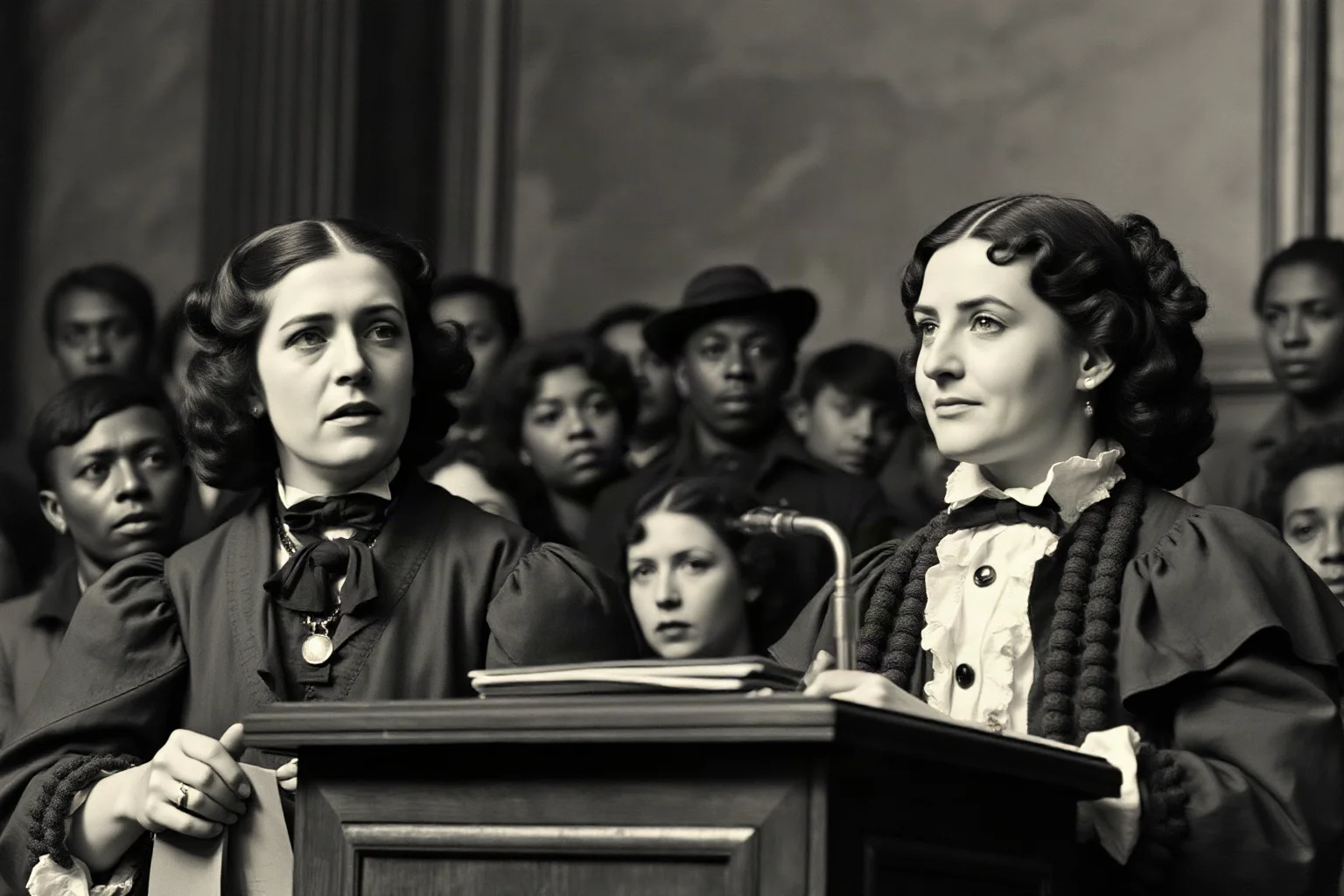 Two nineteenth-century women abolitionists at a podium addressing a shocked crowd, their faces determined and resolute