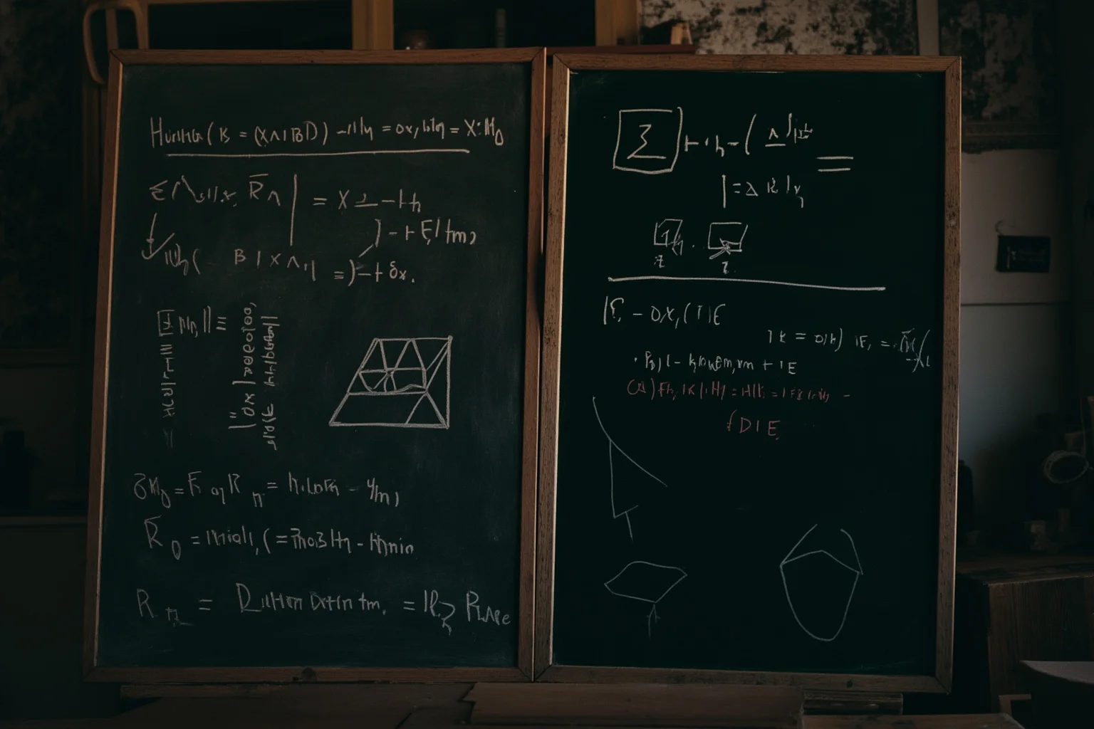 Inventors Who Stole Genius Ideas And Got All Glory 9 Two old chalkboards covered in mathematical equations and symbols, facing each other in a dim study