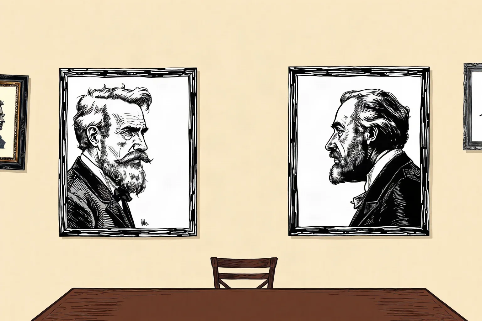 Two old ink portraits-style frames facing away from each other on a study wall, symbolizing a rivalry, illustration style