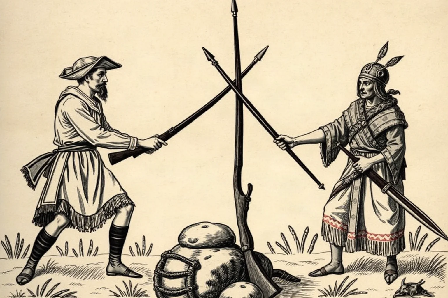 Two opposing groups, English colonists and Powhatan warriors, lowering weapons in a peace gesture, historical illustration