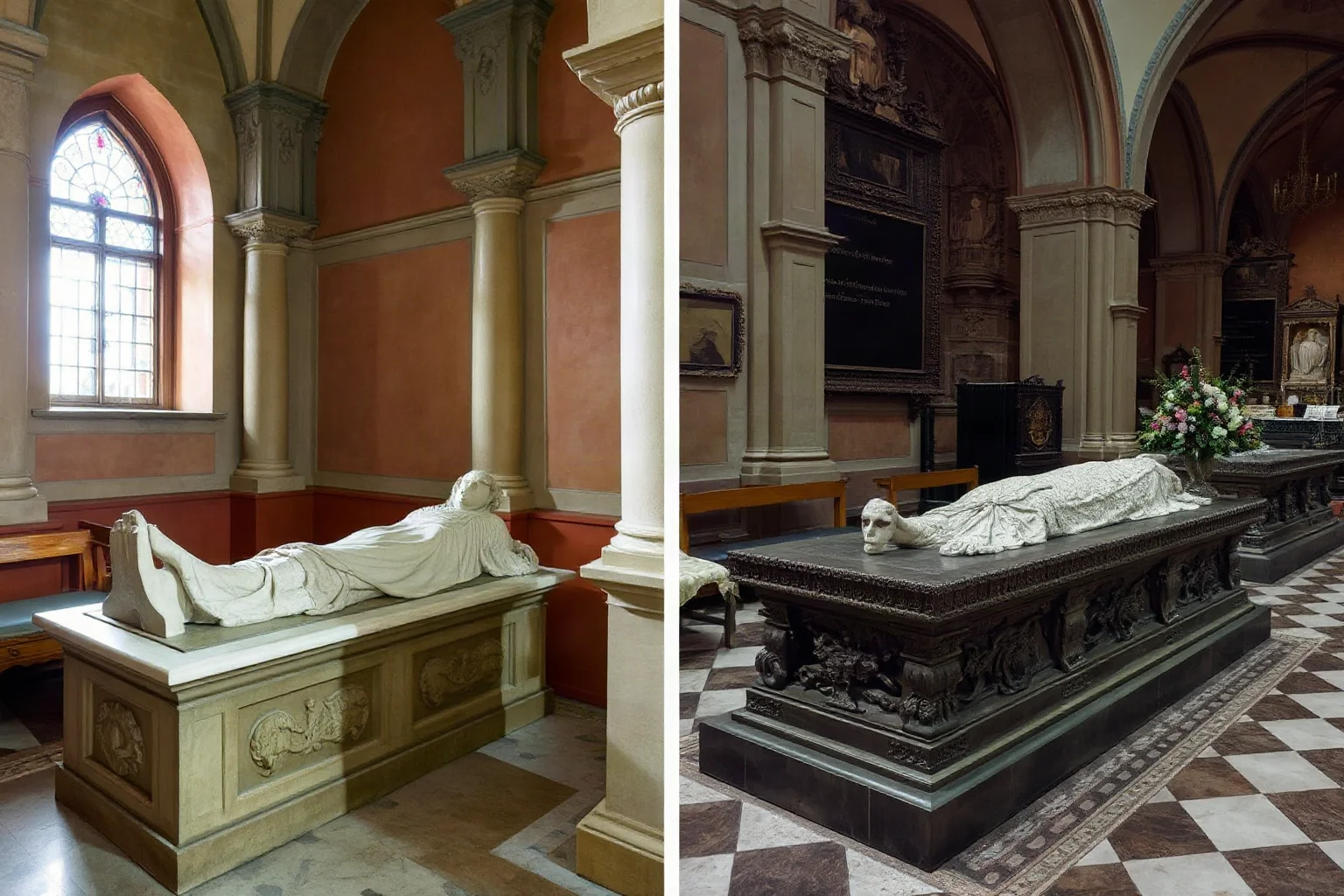 Two ornate stone tombs in different cathedrals, representing a disputed historical burial mystery