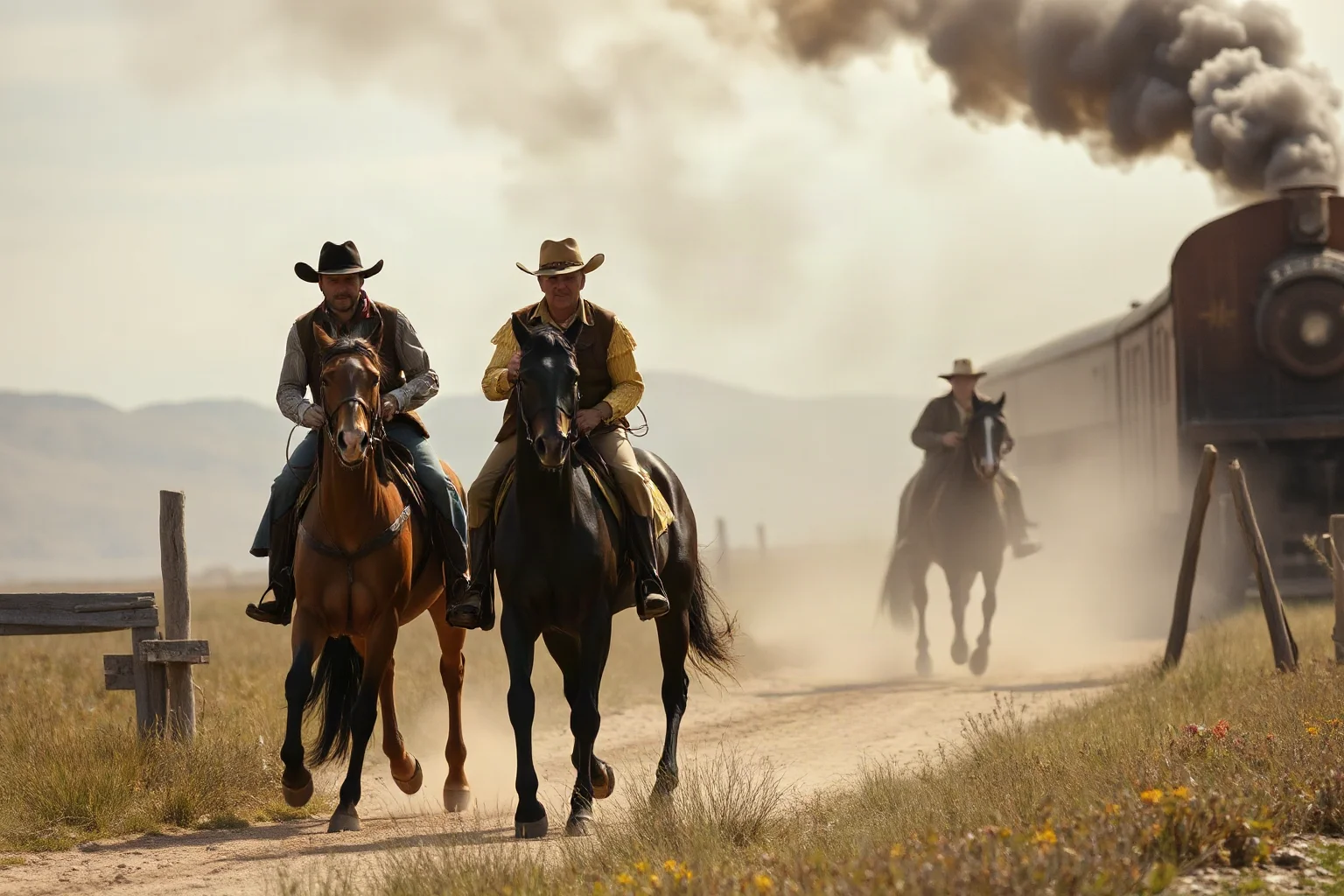 Two outlaw brothers on horseback fleeing a smoking train robbery scene