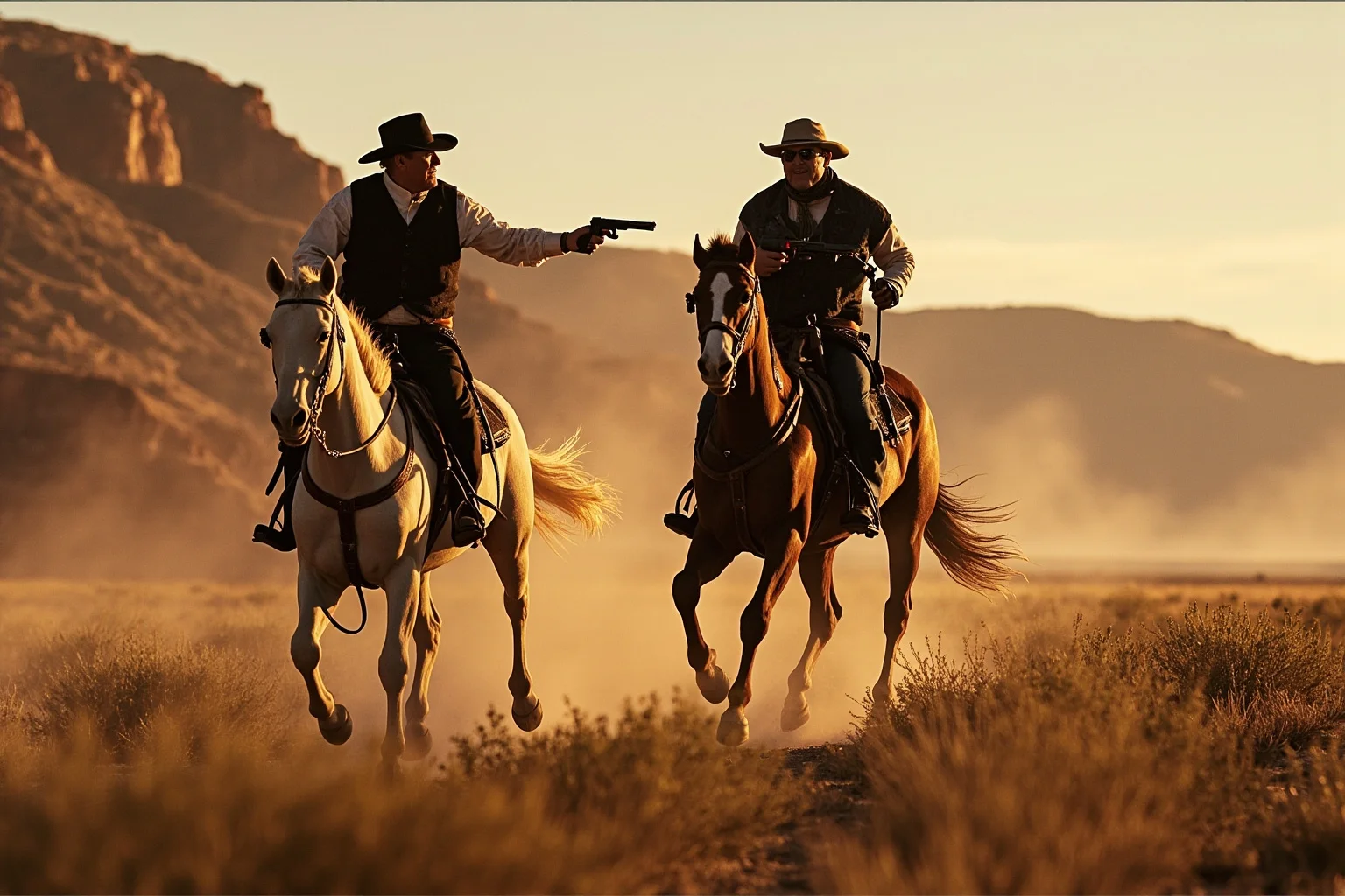 Two outlaws on horseback fleeing after a train robbery through a canyon landscape