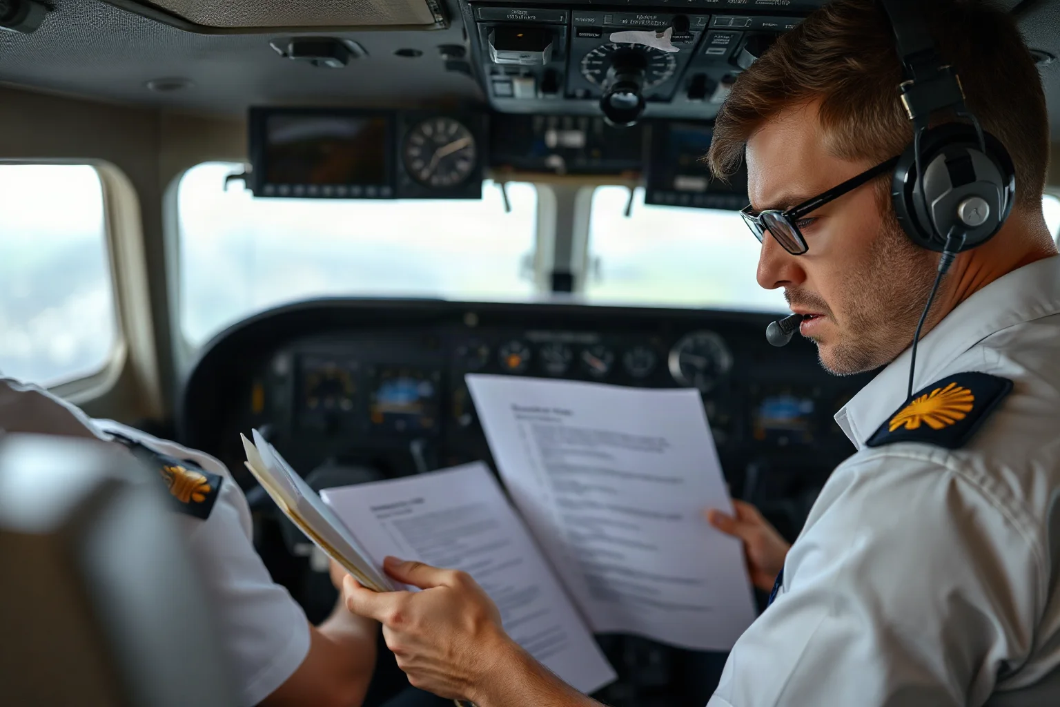 Two pilots in a cockpit looking at a checklist binder with concerned expressions, cockpit dials in view