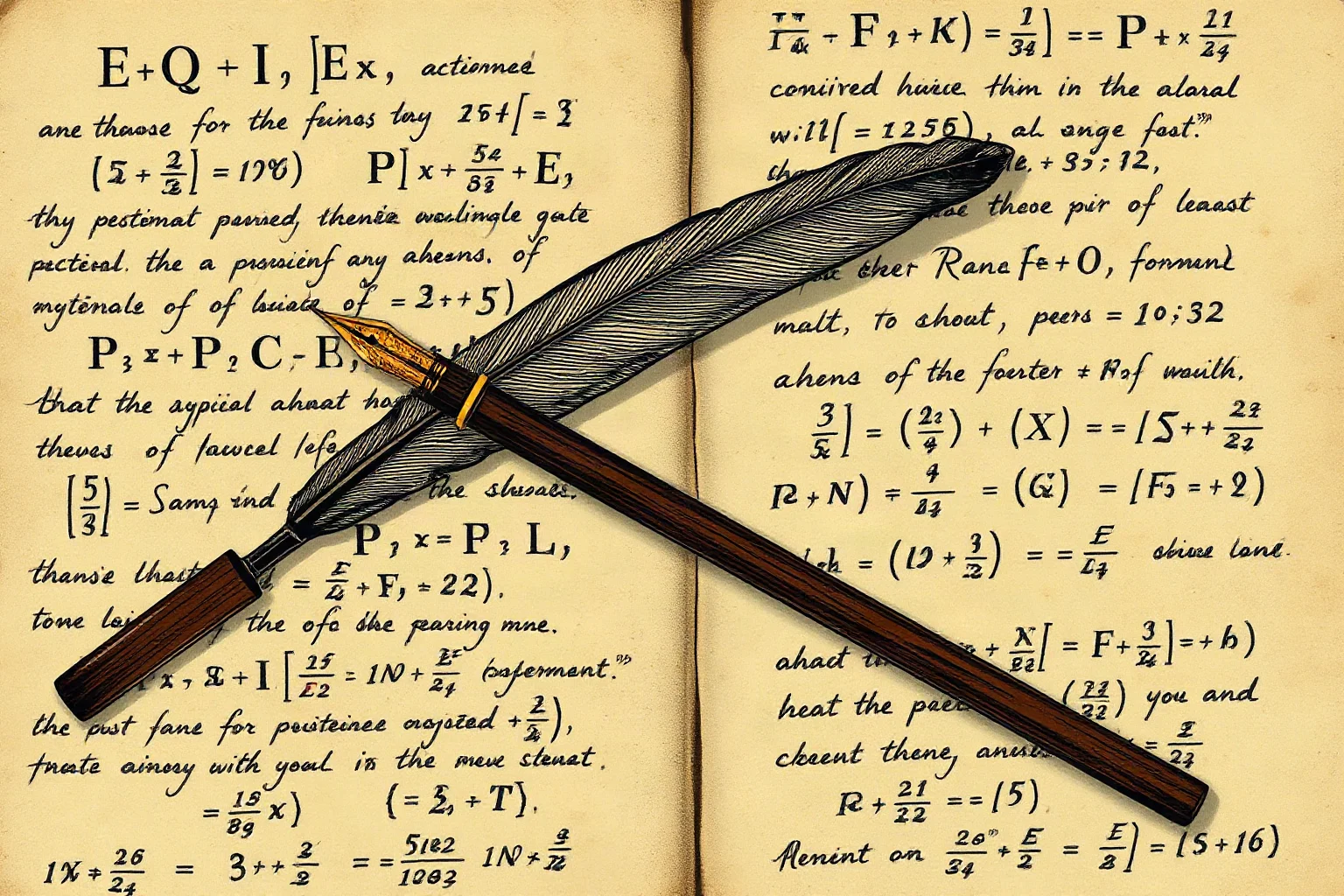 Two quill pens crossed over an old mathematical manuscript filled with handwritten equations, symbolizing a scholarly dispute, illustration style