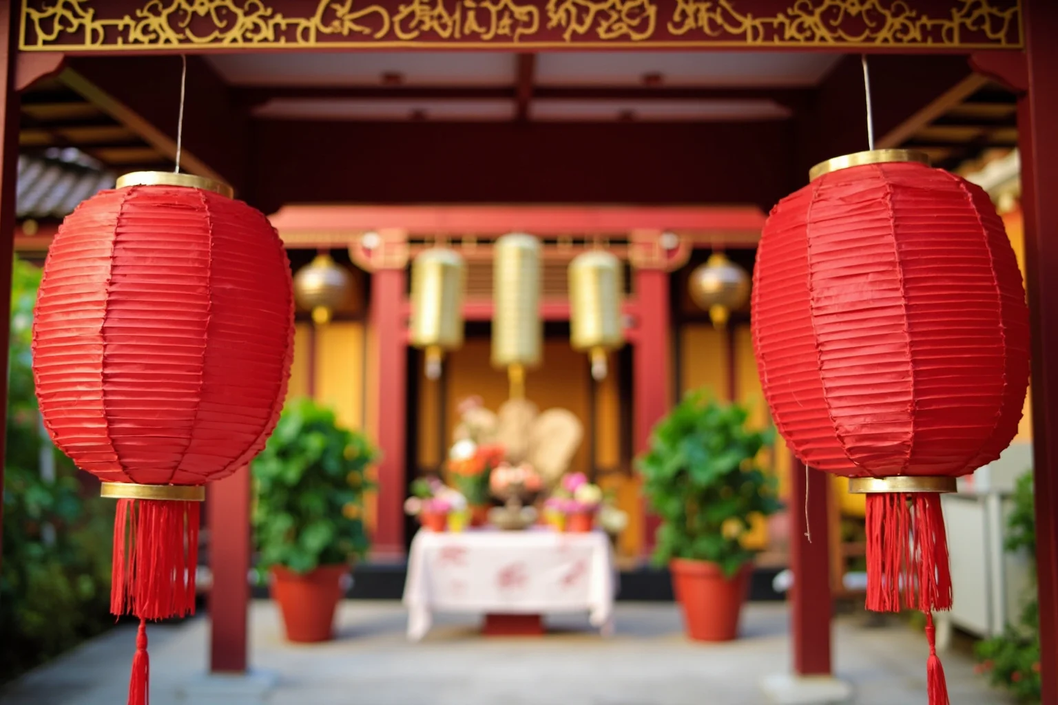 Two red paper lanterns and a wedding altar arrangement in a traditional Chinese courtyard, symbolic illustration