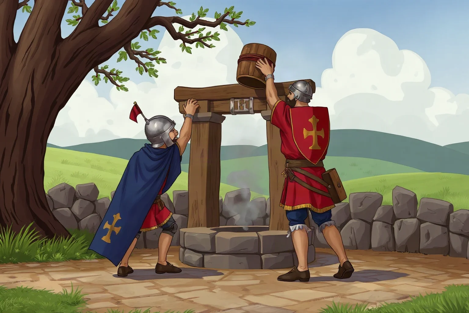 Two rival medieval Italian militias facing off near a well, one soldier lifting a wooden bucket triumphantly