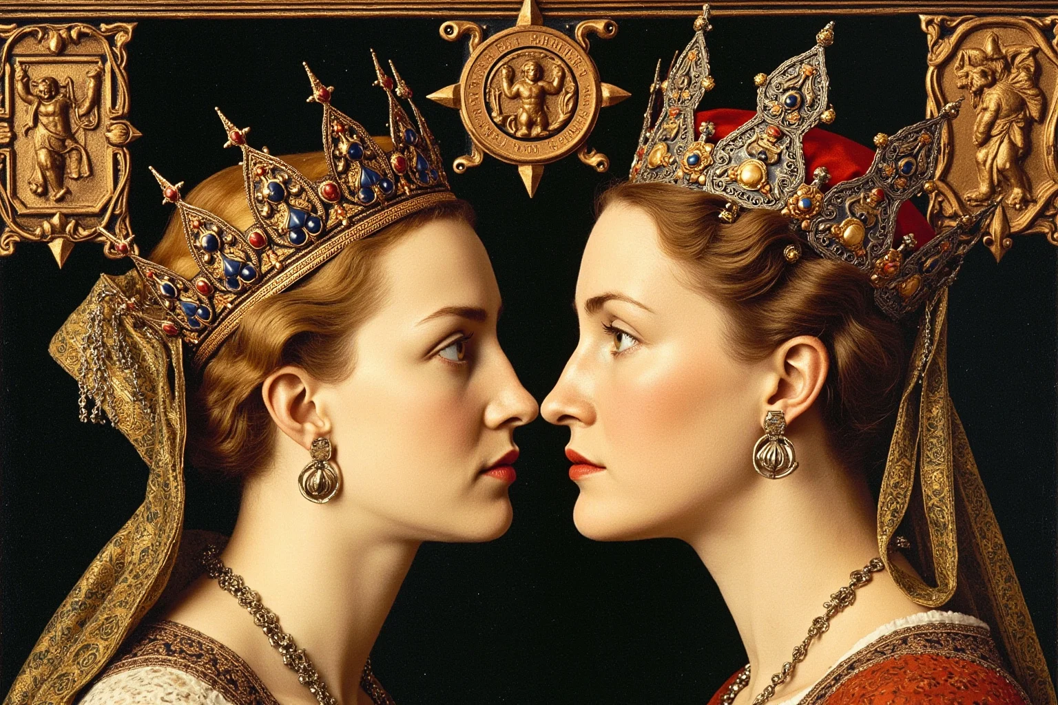 26 of History's Most Famous Rivalries 7 Two rival Renaissance-era queens' crowns and royal seals facing each other symbolically