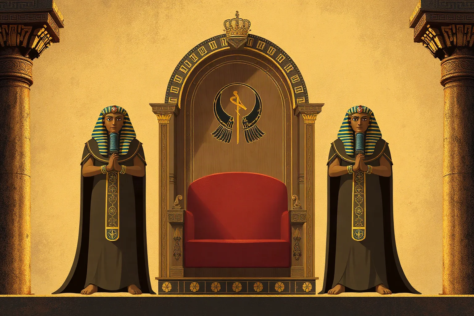 Two robed ancient Egyptian officials standing behind an empty throne, symbolic illustration