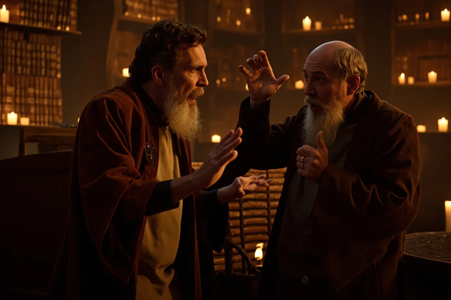 Two robed scholars in heated debate in a candlelit medieval library, gesturing with raised hands