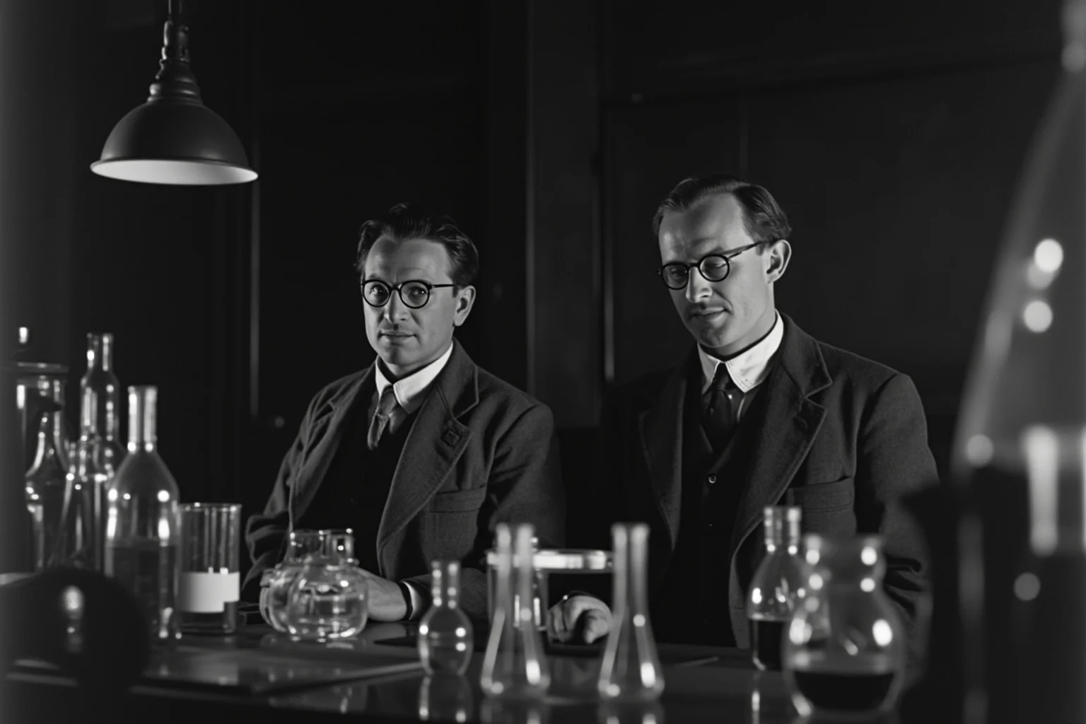 The 22 Greatest Love Stories in History 9 Two scientists in a modest early 1900s laboratory surrounded by glass beakers and glowing vials, black-and-white documentary style