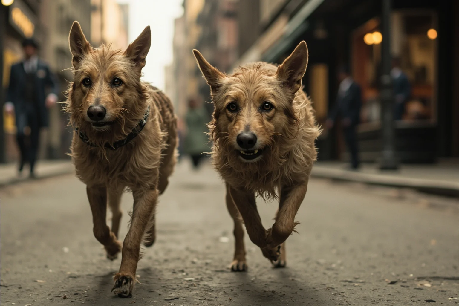 Most Famous Dogs in History: 22 Iconic Canines Who Made Their Mark 7 Two scruffy stray dogs trotting together through a bustling 1860s city street