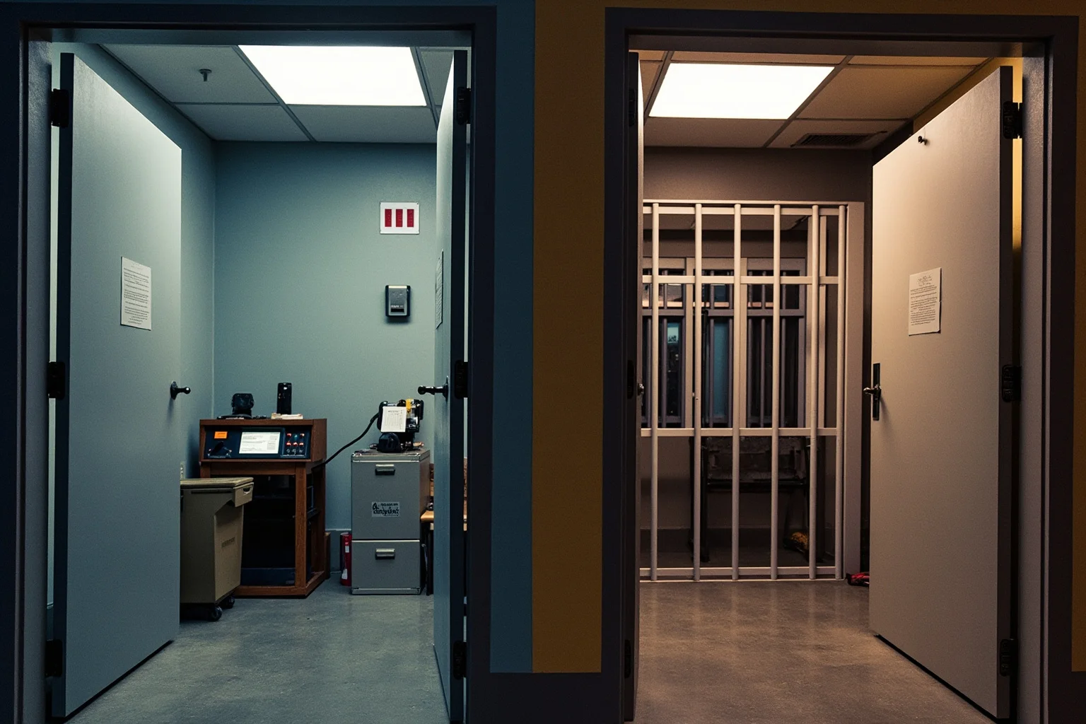 Two separate lab rooms side by side, one with a shock generator and one with a mock cell, representing two distinct famous psychology studies