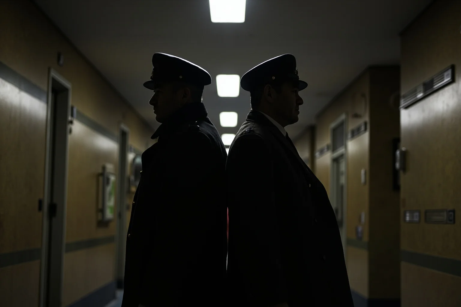 Two separate shadowy insignia-less officers back to back in an old Moscow corridor, symbolizing rival intelligence services