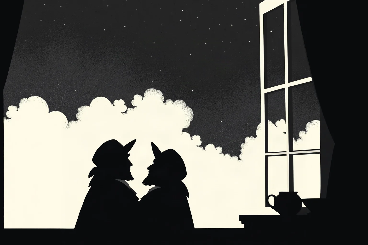 Two silhouetted 17th-century scholars in deep conversation beside a window with a comet visible in the night sky outside, illustration style