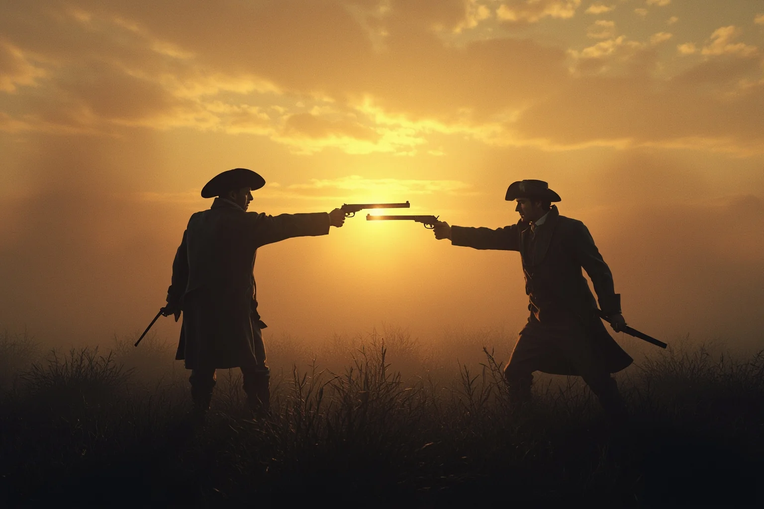 26 of History's Most Famous Rivalries 9 Two silhouetted 18th century gentlemen with pistols at dawn in a misty field, dueling era illustration